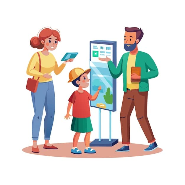 A family standing at a kiosk in front of a US National Park entrance sign, looking at a digital map or reservation system interface, illustrating the new reservation requirements.