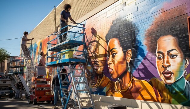 A vibrant street art mural in Detroit, depicting themes of resilience and community, with people in the foreground admiring the art.