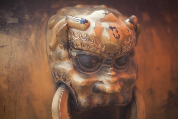 A detailed, close-up shot of an ancient copper burial mask with intricate engravings found at an archaeological site, possibly suggesting Mississippian culture artifacts, conveying a sense of historical artistry.