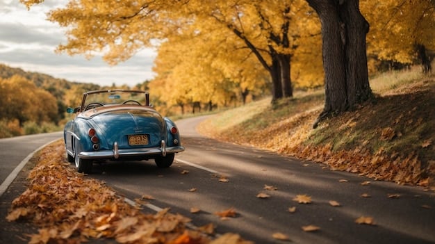A vintage convertible car driving along an empty stretch of the Blue Ridge Parkway in autumn, with colorful trees lining both sides of the road.