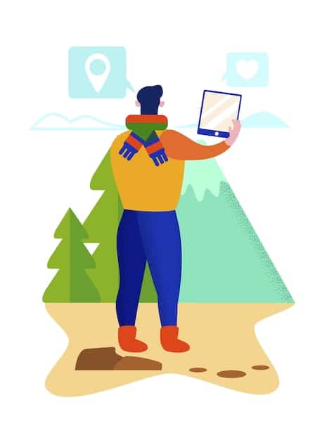 A traveler looking at a map, pointing to a destination, with icons representing different activities like hiking, urban exploration, and leisure, symbolizing diverse travel plans.