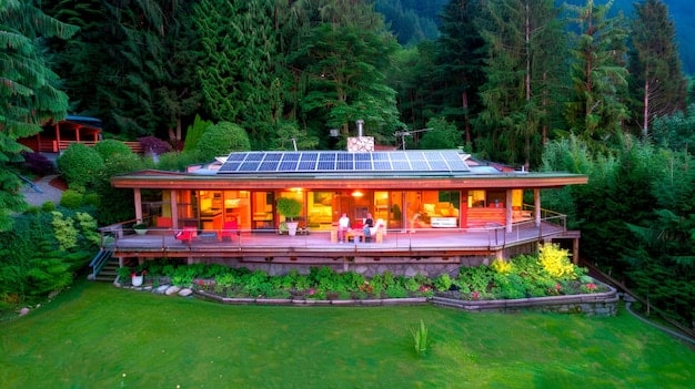 A beautifully designed eco-lodge blending seamlessly with the natural environment, featuring solar panels and native landscaping, located in a scenic US wilderness area.