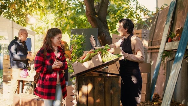 A bustling farmer's market in a small American town, with diverse fresh produce and local crafts, showcasing community engagement and sustainable local economies.