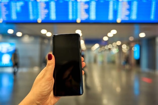 A close-up shot of a smartphone screen displaying a credit card app with points balance and redemption options, set against a blurred background of a traveling person in an airport.