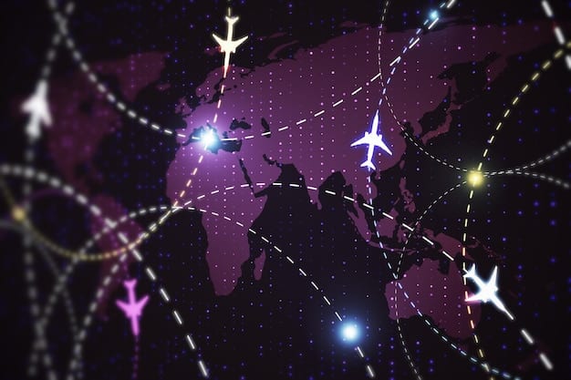 A detailed world map with flight paths overlaid, showing key airline hubs and routes to illustrate global connectivity.