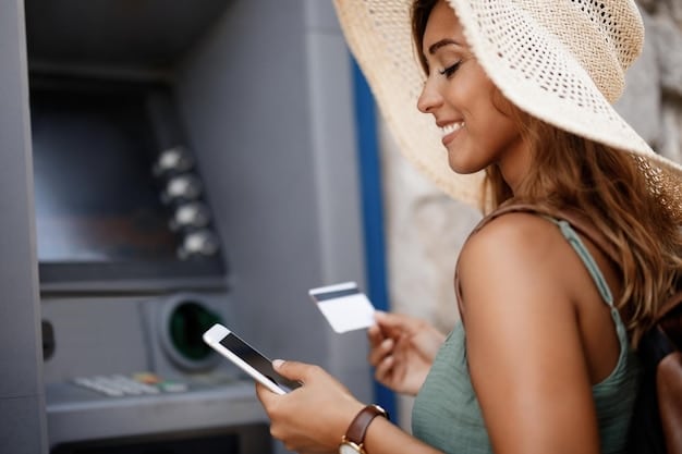 A close-up shot of a credit card being inserted into a payment terminal, with blurred background of a travel destination, symbolizing the connection between spending and travel rewards.