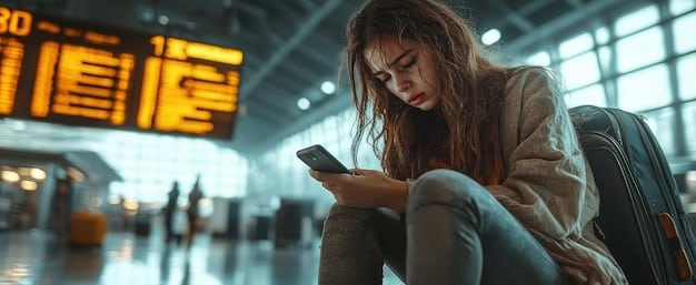 A close-up of a frustrated traveler at an airport gate, checking their phone, with a digital departures board showing multiple delayed or canceled flights in the background.