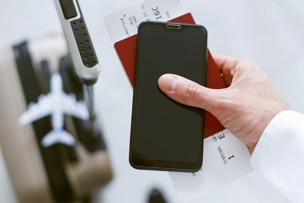 A close-up shot of a person's hand holding a smartphone displaying an official-looking TSA PreCheck mobile application form with fields for personal information and document uploads, set against a blurred airport background.