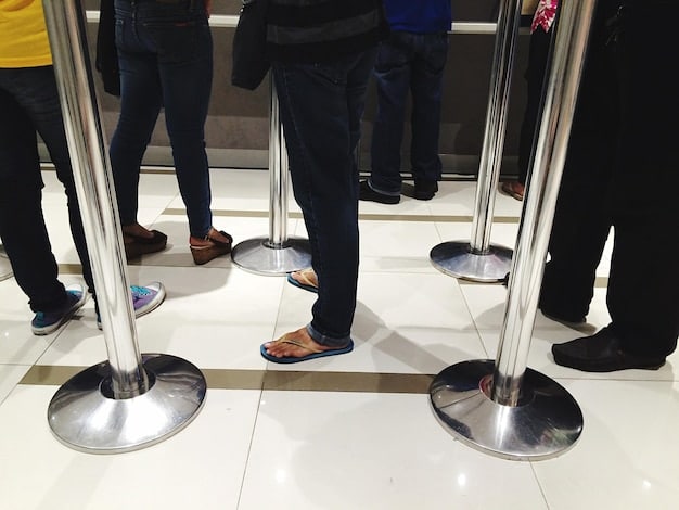 An overhead shot of a simplified airport security checkpoint, potentially showing passengers leaving their shoes on and belongings in bags, with minimal queues, illustrating the efficiency of TSA PreCheck.