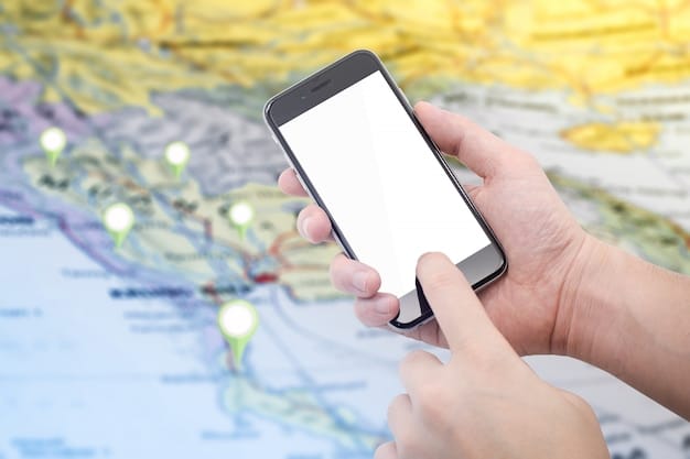 A hand holding a smartphone displaying the US Department of State's online passport status tracker, with a blurred map in the background.