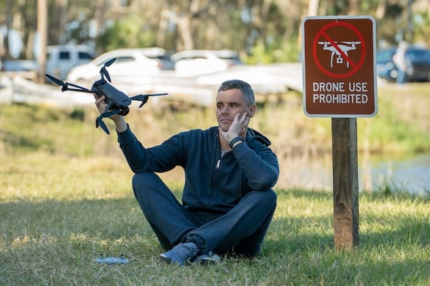 A visual representation of a drone operator responsibly flying a drone away from airport restricted zones, perhaps in a scenic area, with clear blue skies, emphasizing compliance and awareness of no-fly zones.