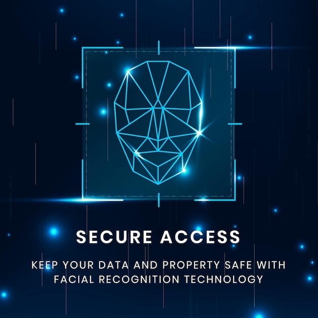 A digital representation of a facial recognition scan overlaid with a padlock icon and network security symbols, illustrating the complex intersection of biometric data and cybersecurity concerns in an airport environment.