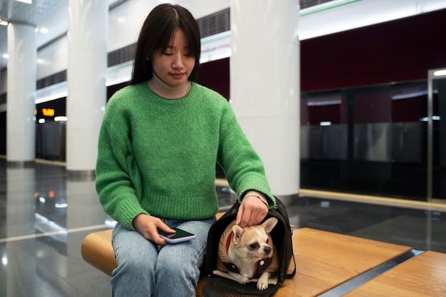 A passenger looking distressed at an airport while her larger emotional support dog sits in a restrictive carrier, illustrating the new challenges faced by ESA owners.
