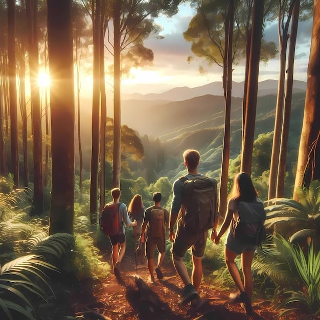 A family hiking on a well-maintained trail in a national park, with towering trees and sunshine filtering through the canopy, symbolizing healthy park infrastructure and family adventures.