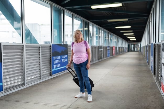 A traveler smiling and easily placing a compact, regulation-sized carry-on bag into an airline's metal sizer at an airport gate.