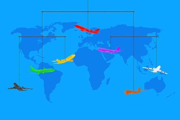 A detailed world map with various flight paths drawn across it, highlighting different regions. Small icons of airplanes and hotel buildings are strategically placed, illustrating interconnected travel nodes.