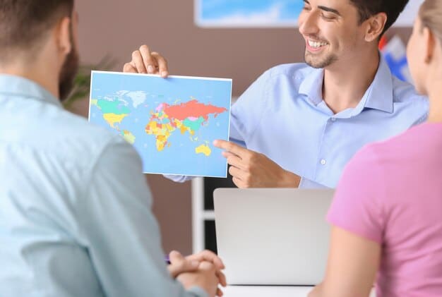 A traveler consulting a local pharmacist in a foreign country, showing a map and discussing medication, representing navigating medical resources abroad.
