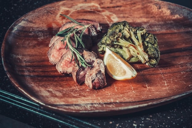 A close-up shot of a succulent, perfectly seared steak garnished with fresh herbs, expertly lit to highlight its texture and juices.
