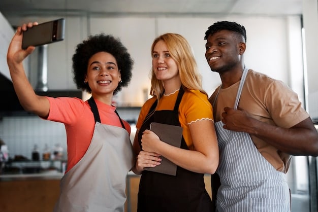 A diverse group of travelers eagerly participating in a cooking class abroad, taking notes and snapping photos of the chef demonstrating a local recipe.