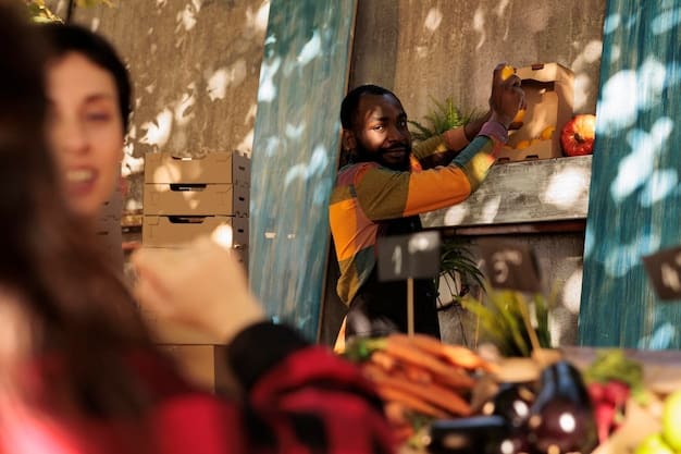 A bustling local market scene in a vibrant town, with vendors selling fresh produce and handmade crafts, and tourists interacting respectfully, highlighting community support.