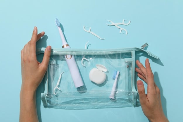 A clear toiletry bag filled with travel-sized bottles, a compact toothbrush, and solid beauty bars, neatly organized for efficient space saving.