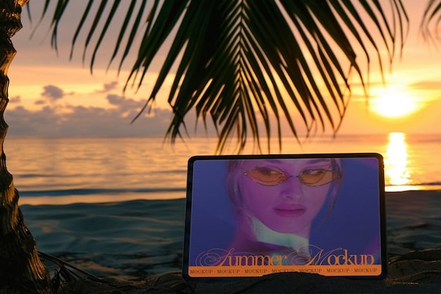 A photographer's hands working on a laptop, displaying Adobe Photoshop interface with multiple layers and masks open for a sunset landscape image, showing before and after states.
