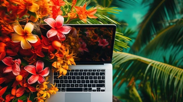 A detailed close-up of a laptop screen showing a travel photo being edited in Lightroom, focusing on the HSL panel and selective color adjustments, with vibrant colors.