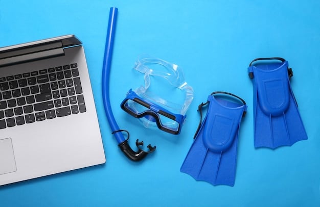 A detailed flat lay of various scuba diving equipment neatly arranged: regulator, BCD, mask, fins, wetsuit, dive computer, and tank.