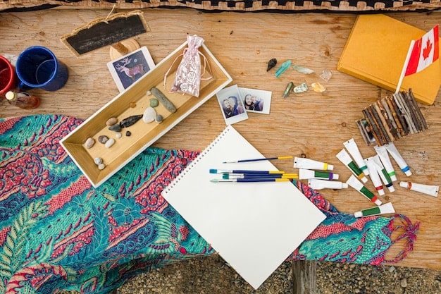 A flat lay of several open travel sketchbooks with various styles and themes, some with pens and small watercolor sets, on a rustic wooden table, suggesting organization and a collection of memories.