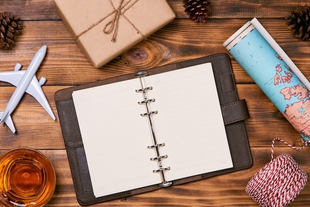 A neatly organized travel journaling kit laid out on a rustic wooden table, featuring a leather-bound journal, fountain pen, watercolor set, and various stickers and postcards, suggesting creative and personal documentation.
