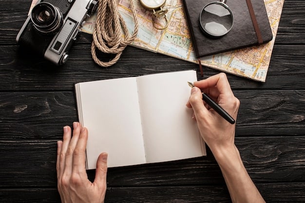 A traveler's hand gently turning the page of a well-worn travel journal, filled with handwritten notes, sketches, and attached mementos like tickets and leaves, evoking a sense of cherished memories and personal history.