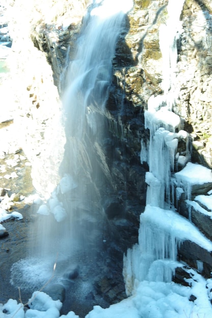 A close-up shot of a frozen waterfall in Rocky Mountain National Park. The ice formations are intricate and shimmering, capturing the beauty of winter in the park.
