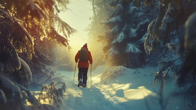 A snowshoer walking through a snowy forest in Yosemite National Park. The trees are covered in snow, and the sun is shining through the branches, creating a magical atmosphere.