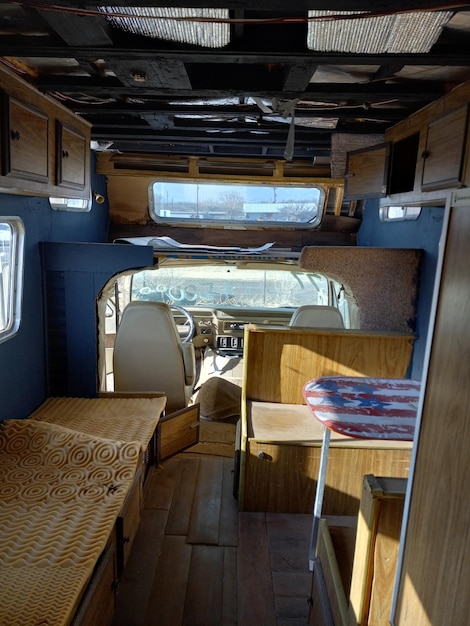 A well-organized and compact interior of a Class B RV (campervan). The image highlights the efficient use of space, including a small kitchen area, sleeping quarters, and storage solutions. This exemplifies the practicality and convenience of smaller RVs ideal for couples or solo travelers embarking on RV Travel in the US: A Beginner's Guide to Hitting the Road in 2025.