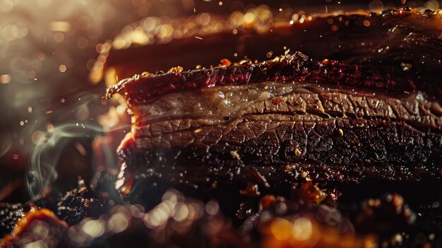 A close-up shot of a perfectly grilled Texas barbecue brisket, with a dark, smoky bark and juicy, tender meat. The image highlights the craftsmanship and quality of the barbecue, showcasing a key element of The US Travel Guide for Foodies: Discovering Culinary Delights in 2025.