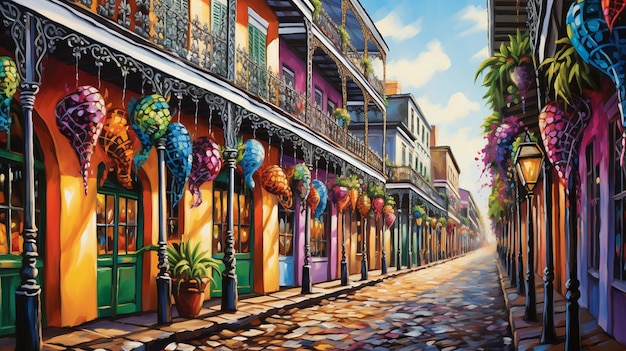 A vibrant street scene of New Orleans, Louisiana, featuring colorful buildings with wrought-iron balconies, street musicians playing jazz music, and people enjoying the lively atmosphere. This scene captures the unique culture and charm of the American South, and relates to the US Travel Guide: Understanding Regional Differences for a Better Trip in 2025.