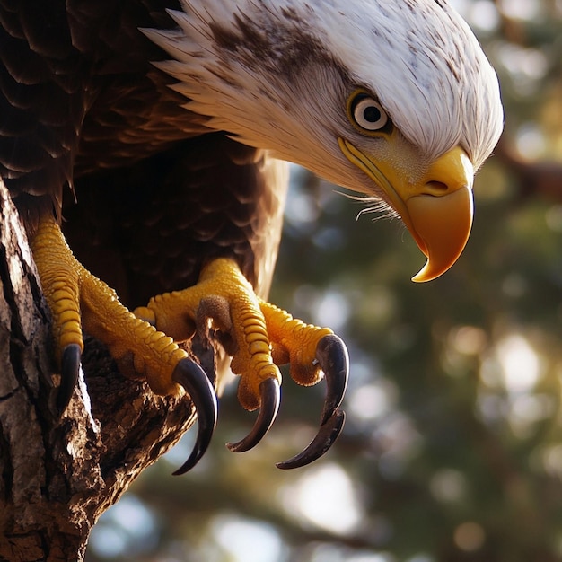 A close-up shot of a Bald Eagle perched on a branch, with its piercing yellow eyes and impressive beak in focus. The background is blurred green foliage. This image represents the iconic American wildlife species described in 