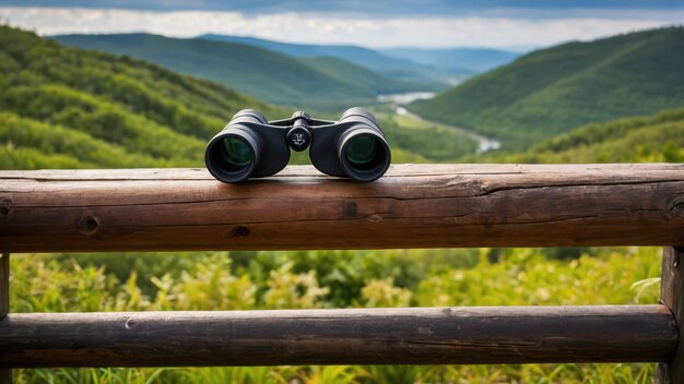 A pair of high-quality binoculars resting on a weathered wooden fence, overlooking a vast grassland with distant herds of elk. The focus is on the binoculars, symbolizing preparedness for wildlife viewing. The scene evokes the spirit of adventure and discovery highlighted in 