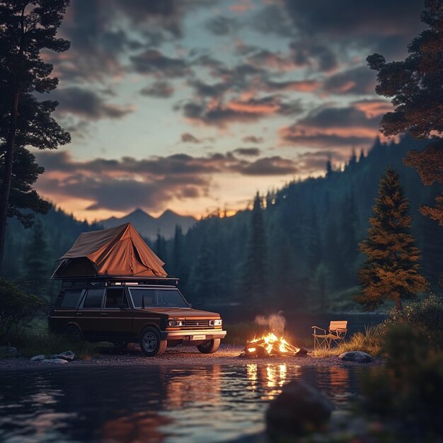 A scenic view of a mountain range inside a US National Forest, with a camper visible in the foreground next to a tent, enjoying the solitude and natural beauty of the landscape.