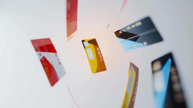 A close-up shot of various credit cards displaying different rewards logos such as airline miles, hotel points, and cashback. The image is well-lit and focuses on the details of each card and its representative rewards.