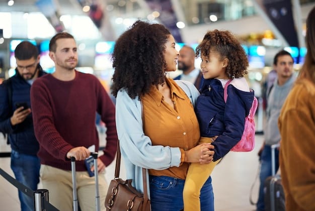 A diverse group of international travelers, including a mix of ages and ethnicities, queuing at an airport immigration counter with suitcases, looking ready to travel.