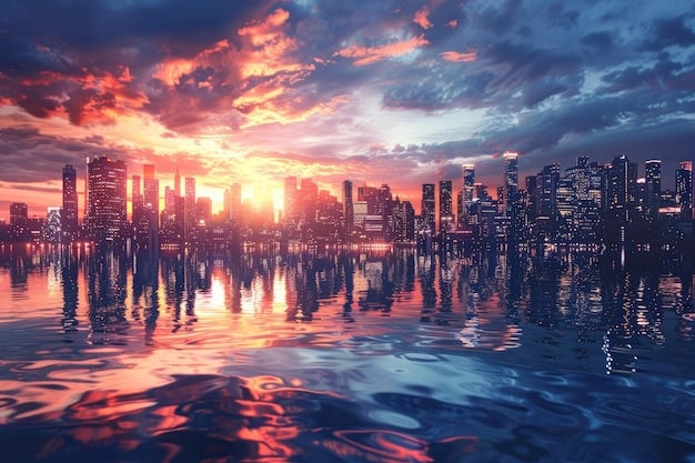 A bustling city skyline at dusk, with lights reflecting on water, showcasing a vibrant urban environment, possibly a famous U.S. city like New York or Chicago, symbolizing renewed tourism and business activity.