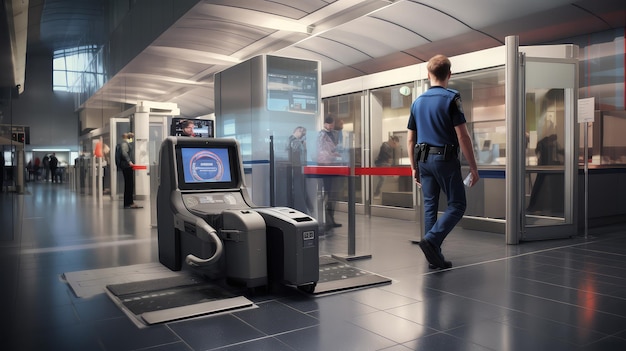 A futuristic airport security checkpoint featuring advanced imaging technology (AIT) scanners and biometric identification systems. Travelers are moving through the checkpoint efficiently, with minimal delays. TSA agents are using AI-powered monitoring systems to analyze screening data and identify potential threats. The scene emphasizes the integration of technology and human oversight to ensure passenger safety in accordance with New TSA Security Protocols: What Travelers Need to Know Before Their Next Flight in 2025.