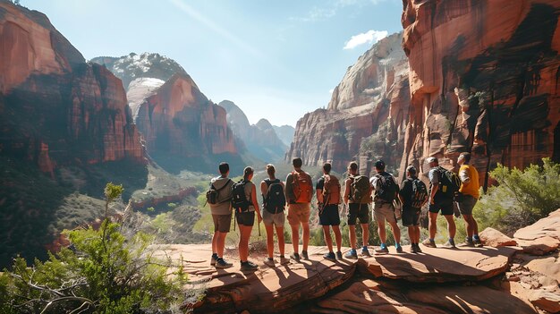 A group of diverse people hiking in Zion National Park's Narrows, wading through the Virgin River with towering canyon walls surrounding them. The image highlights the beauty and adventure that attracts visitors to national parks, emphasizing the importance to understand US National Park Reservation System Changes: How to Secure Your Spot in 2025 Amidst Increased Demand.