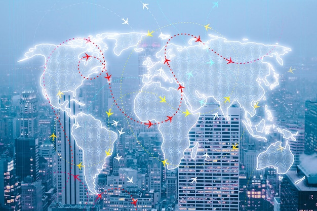 A world map highlighting various cities with connecting lines representing airline routes. Focus on showing densely connected hubs versus more isolated destinations, illustrating the impact of route changes in 2025.