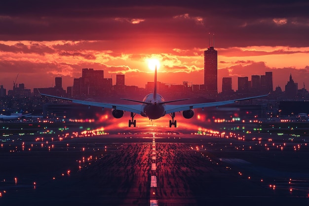 A bustling Asian city skyline at dusk, with airplanes taking off and landing in the background. Focus on modern infrastructure and vibrant urban life, showcasing increased accessibility due to airline route changes in 2025.