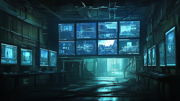 A dimly lit room filled with multiple computer screens displaying complex network diagrams and security data. A person is sitting in front of the screens, typing on a keyboard with intense focus. The scene conveys a sense of vigilance and technical expertise, highlighting the critical cybersecurity efforts involved in What's New in Airport Security? The Latest Technology and Procedures for a Smoother Travel Experience.
