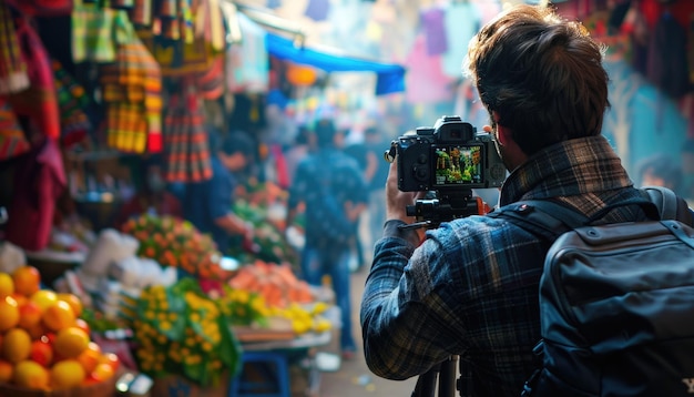 Close-up of a photographer adjusting camera settings in a bustling street market. The colorful market scene is slightly blurred in the background, emphasizing the photographer's focus and engagement. Mention 'Become a Travel Photography Pro: New Online Course Promises 30% Improvement in 6 Weeks' implicitly by showcasing the skill being learned.