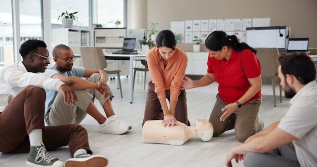 A group of diverse individuals participating in a hands-on first aid training session. They are practicing CPR techniques on dummies under the guidance of a certified instructor. The setting is a well-equipped classroom, highlighting the practical learning environment for the Emergency Travel First Aid Certification: Essential Skills for Confident Journeys - Limited Seats Available.