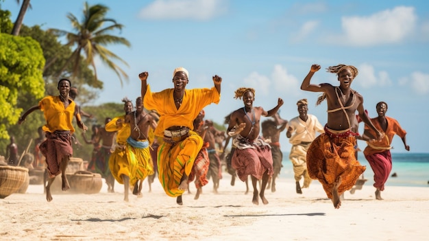 A group of tourists participating in a traditional dance in a village in Africa, with locals guiding them. The scene is joyful and inclusive, illustrating the benefits of Cultural Sensitivity Training for International Travelers: Avoid Costly Mistakes and Build Meaningful Connections in fostering positive cultural exchange.